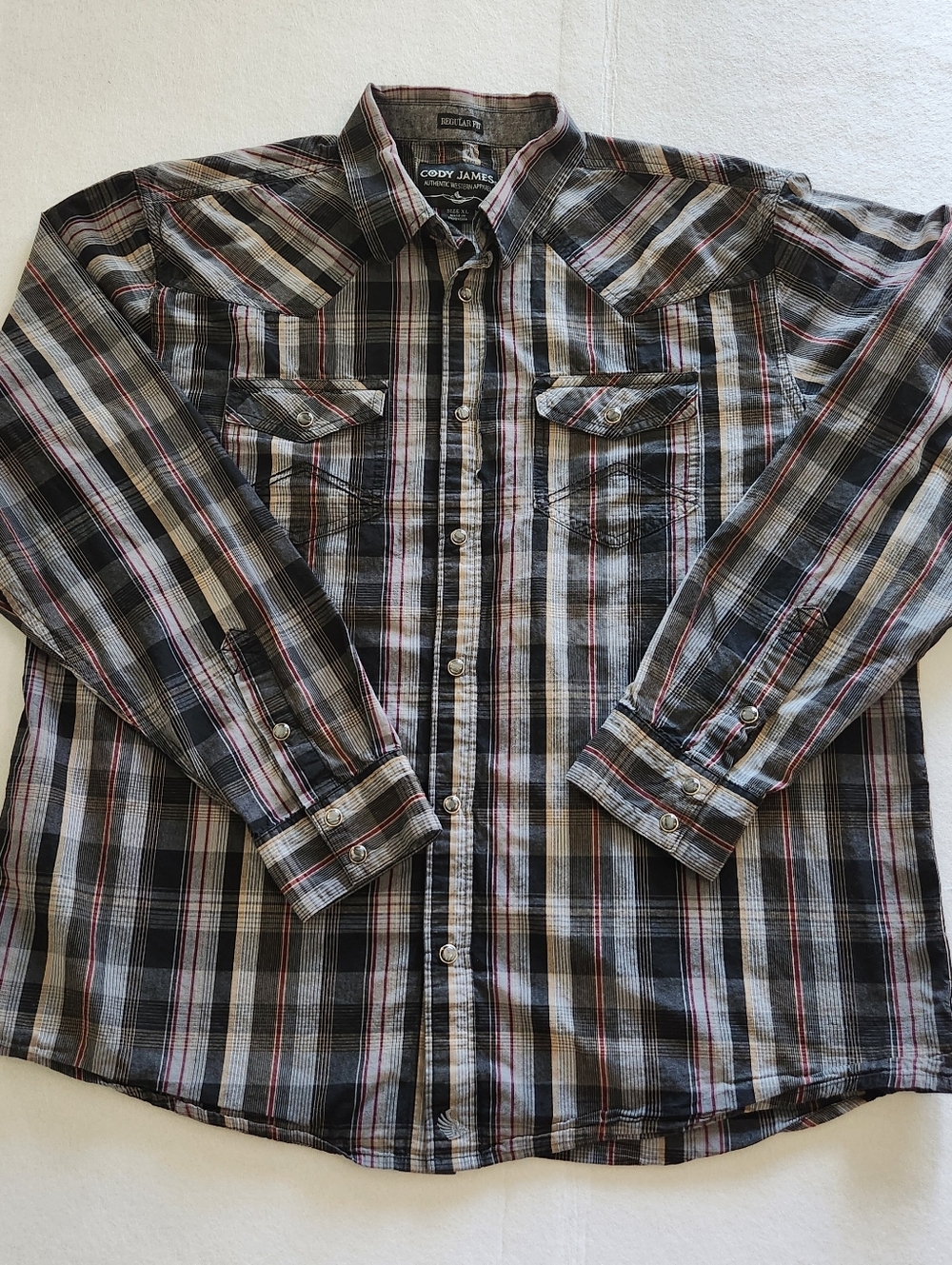 Cody James Plaid Western Pearl Snap Shirt Black & Gray with Red Accents Size XL